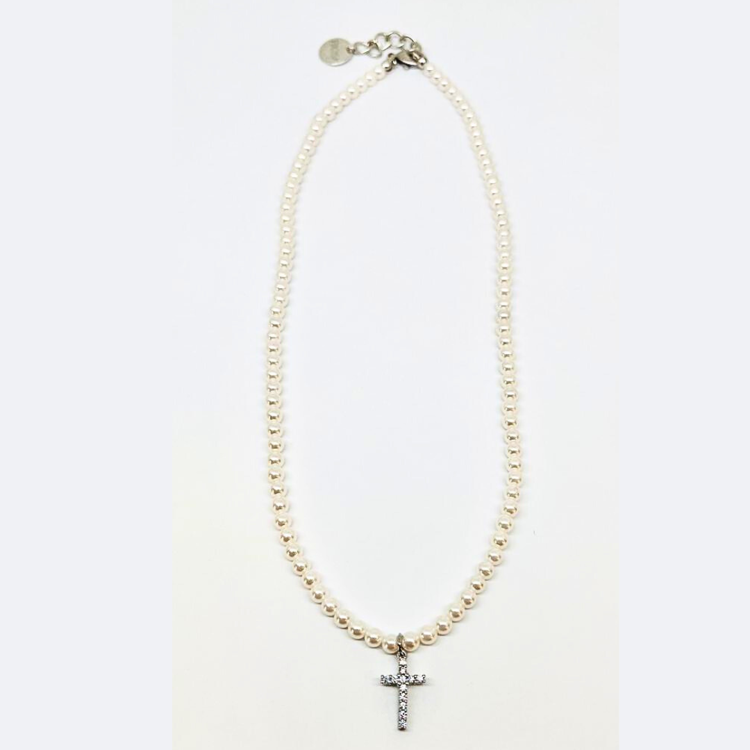 Collana girocollo di perle e pendente con zirconi C107 – prosa bijoux